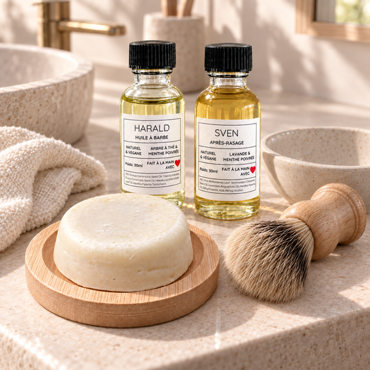 Flacon transparent d'huile à barbe jaune clair avec étiquette blanche HARALD, présenté avec savon rond sur support bois et.