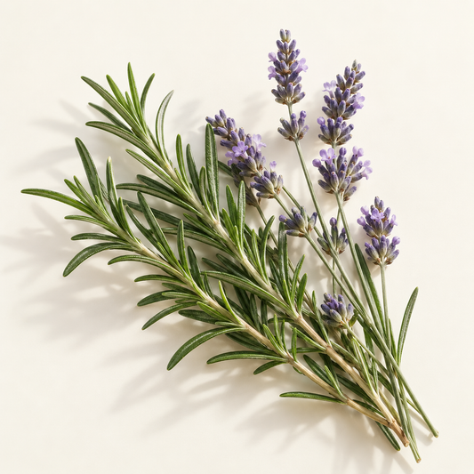 Branche de romarin vert et fleurs de lavande violettes délicates sur fond clair.