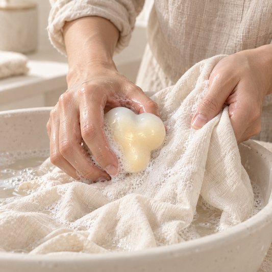 Savon blanc crème en forme de cœur lavant un tissu beige texturé dans une bassine blanche.