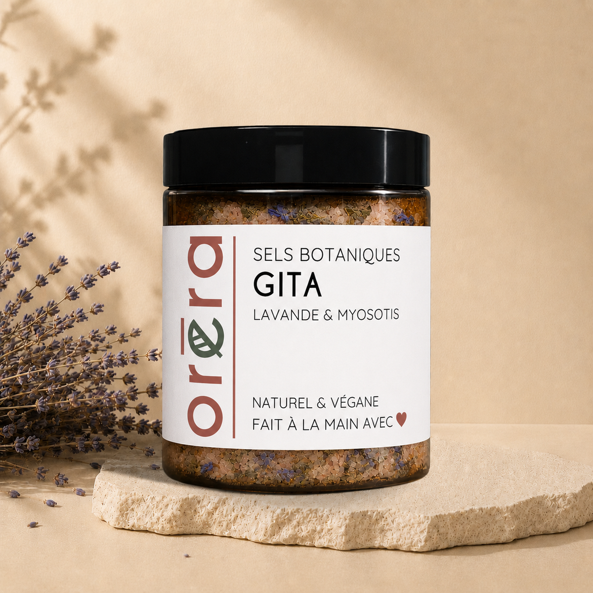 Pot de sels botaniques GITA lavande et myosotis ORÉRA, éco-luxe naturel québécois sans cruauté.