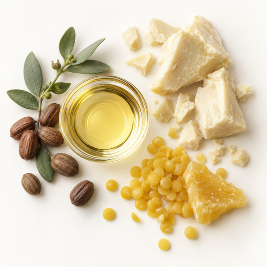 Huile de jojoba, beurre de cacao, pastilles de cire d'abeille, noix de karité, feuilles vertes.