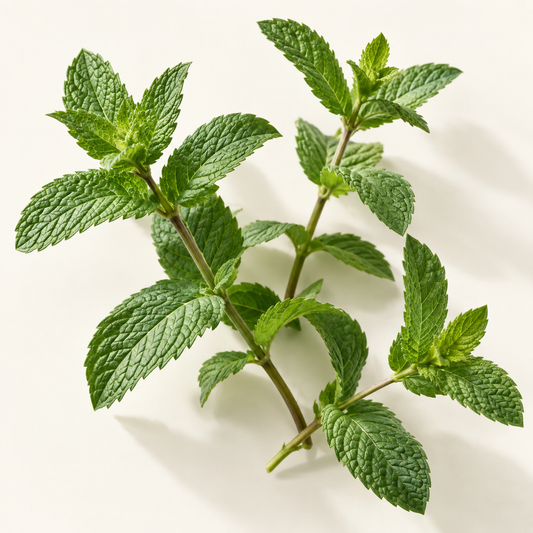 Branche de menthe poivrée fraîche aux feuilles vertes texturées.