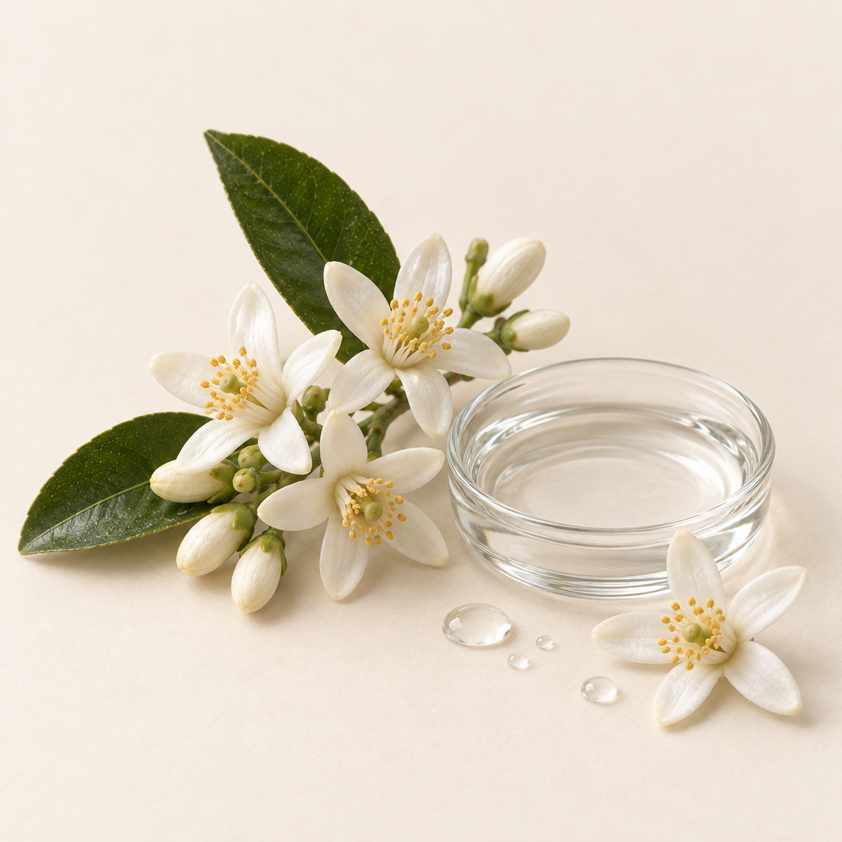 Flacon transparent avec lait nettoyant, fleurs blanches de néroli et feuilles vertes sur fond beige.