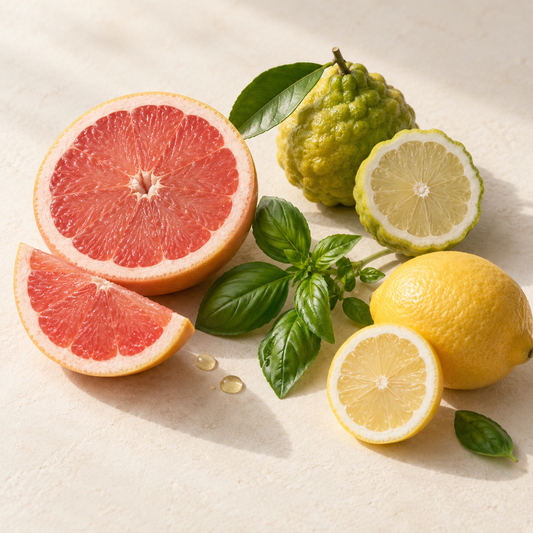 Pamplemousse rose coupé, citron jaune entier et tranché, bergamote verte avec feuilles, basilic frais vert.