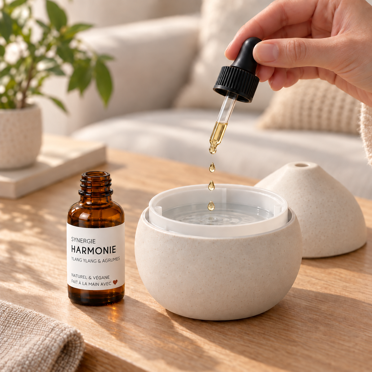 Flacon en verre ambré avec étiquette minimaliste à côté d’un diffuseur blanc mat en céramique, main versant une huile.