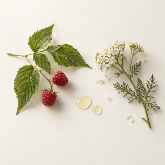 Feuilles de framboisier vertes avec fruits rouges, fleurs blanches d’achillée, gouttes de baume transparent.