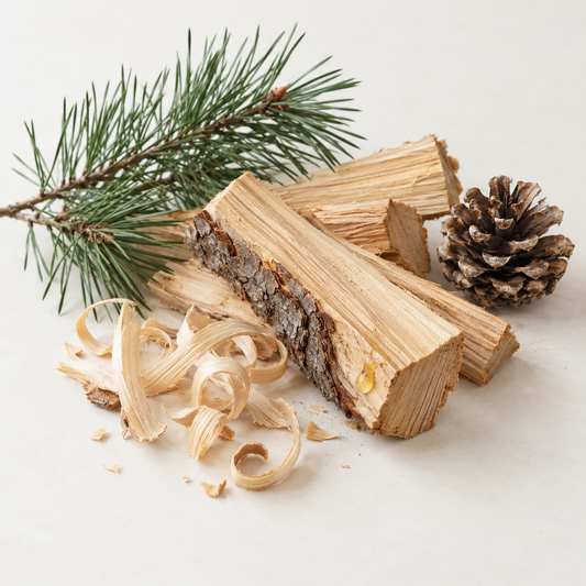 Bûches de bois de pin naturel avec écorce, brindille de sapin et pomme de pin sur fond clair.