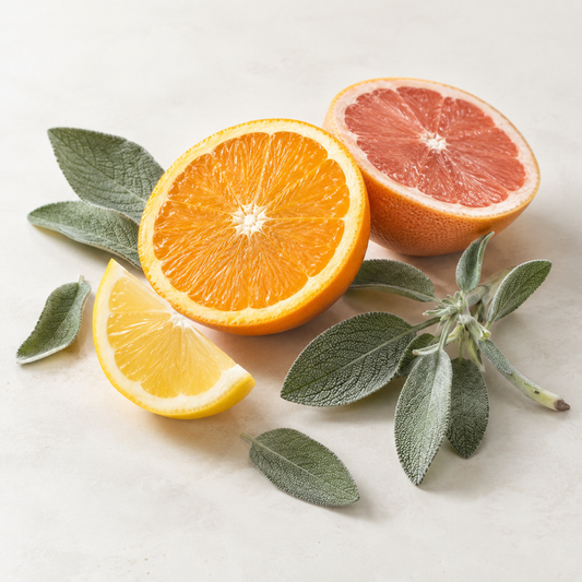 Tranches d’agrumes colorées et feuillage vert sauge sur fond clair.