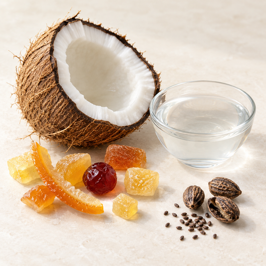 Bougie de soya fruits confits avec coco, noix, graines sur fond clair, style éco-luxe naturel.