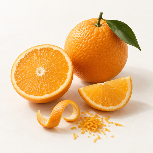 Bougie ronde orange sucrée avec pierres naturelles citrine, décor minimaliste écologique.