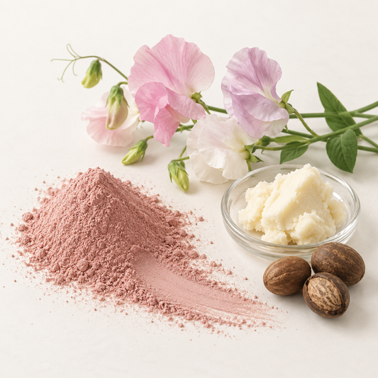 Poudre d'argile rose, beurre de karité blanc en bol, trois noix, fleurs roses et blanches délicates.