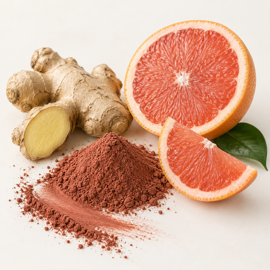 Tas d'argile rouge naturel, tranches de pamplemousse rose et racine de gingembre frais sur fond clair.
