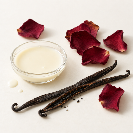 Savon crème avec pétales de rose séchés et gousses de vanille éclatées sur fond clair.