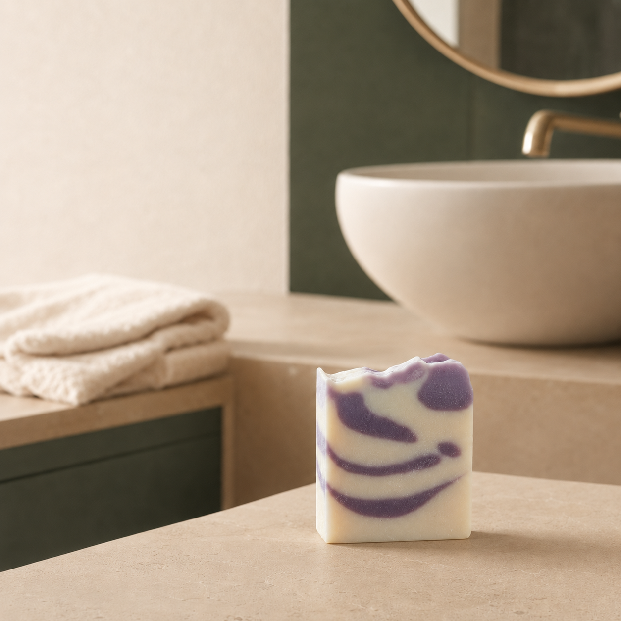 Savon rectangulaire blanc avec motifs violets ondulés, fini artisanal lisse.