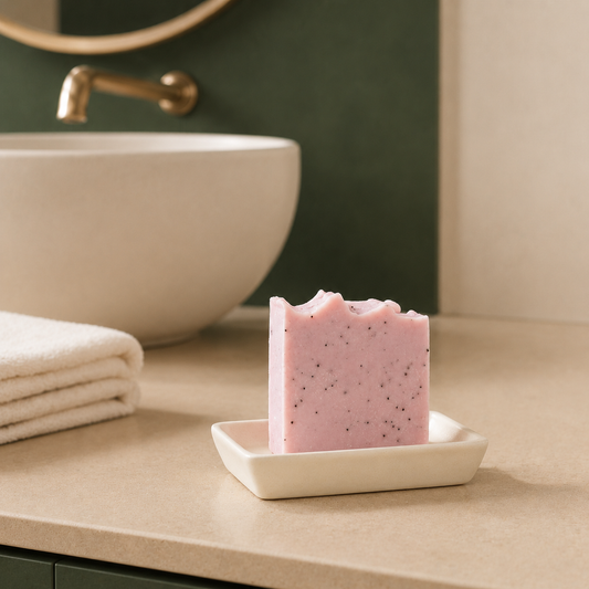 Savon exfoliant rose avec graines de pavot, ORÉRA éco-luxe naturel fabriqué au Québec sans cruauté.
