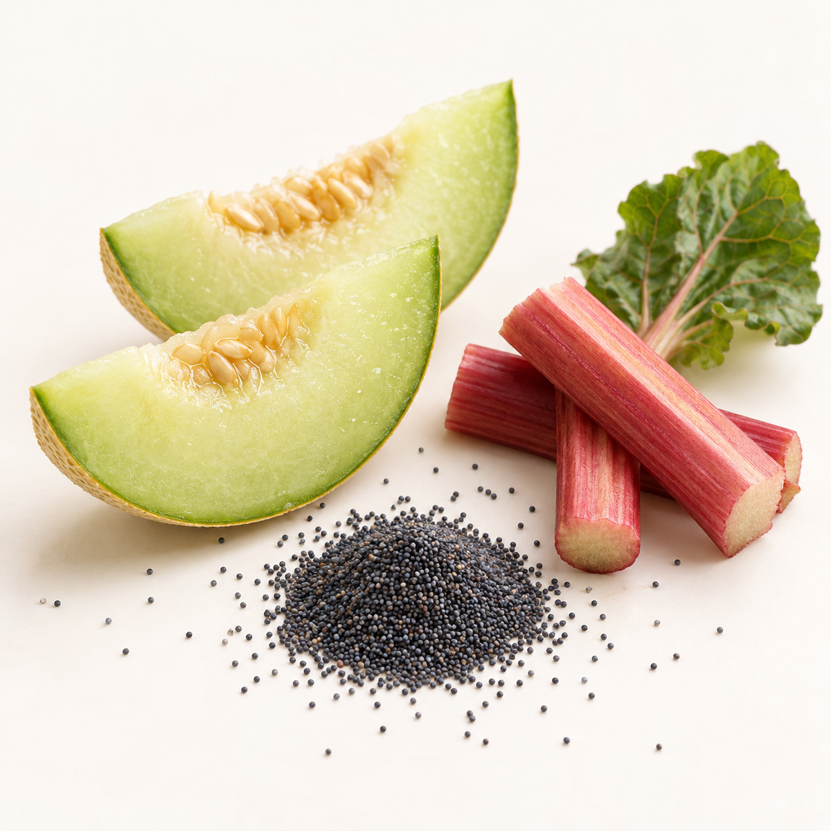 Savon exfoliant rectangulaire beige avec grains noirs, entouré de melon vert et tiges de rhubarbe rouge.