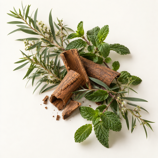 Savon solide naturel citronnelle lavande avec feuilles vertes et écorces brun boisées.