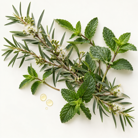 Branche verte d’arbre à thé avec fleurs blanches et feuilles vertes de menthe poivrée sur fond blanc avec gouttes d’huile.