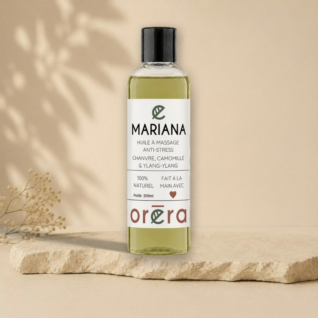 Huile à massage Mariana chanvre camomille ylang-ylang ORÉRA éco-luxe naturel Québec sans cruauté.