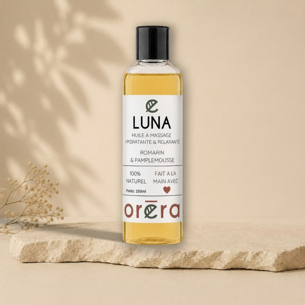 Huile à massage LUNA romarin et pamplemousse ORÉRA, éco-luxe naturel, fabriqué au Québec, sans cruauté.