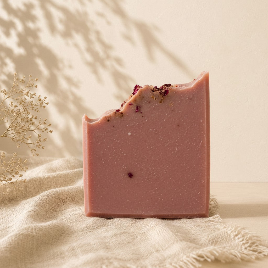 Savon rose vanillé artisanal au lait de chèvre ORÉRA, éco-luxe naturel, fabriqué au Québec, sans cruauté.