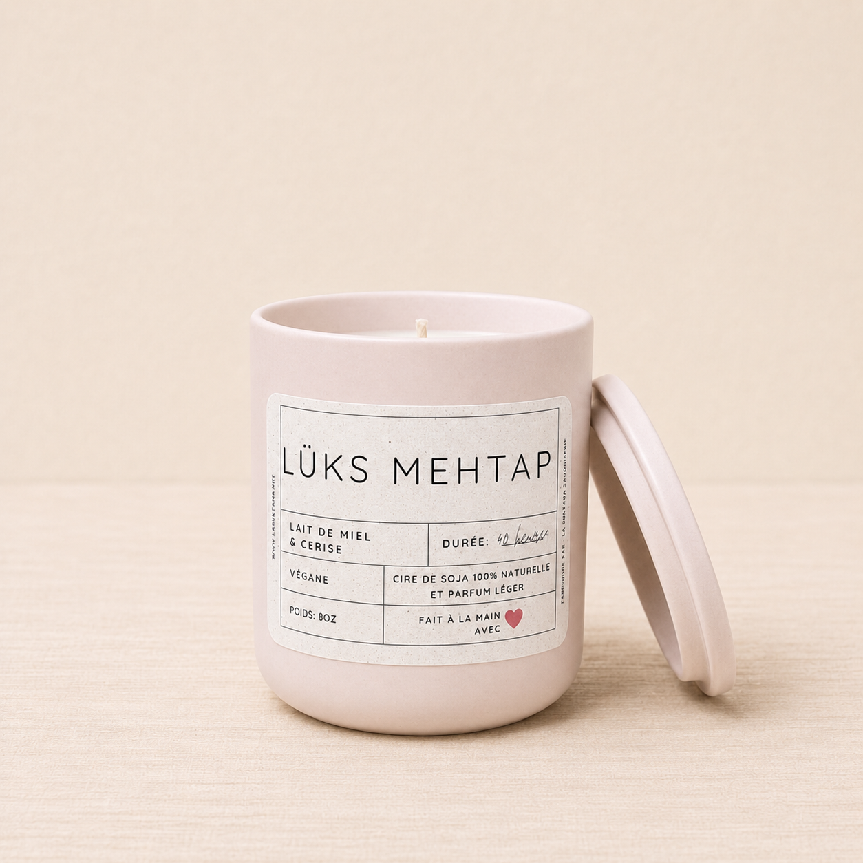 Bougie en cire de soja LÜKS MEHTAP cerise et lait de miel, éco-luxe naturel québécois, sans cruauté, soins naturels ORÉRA.
