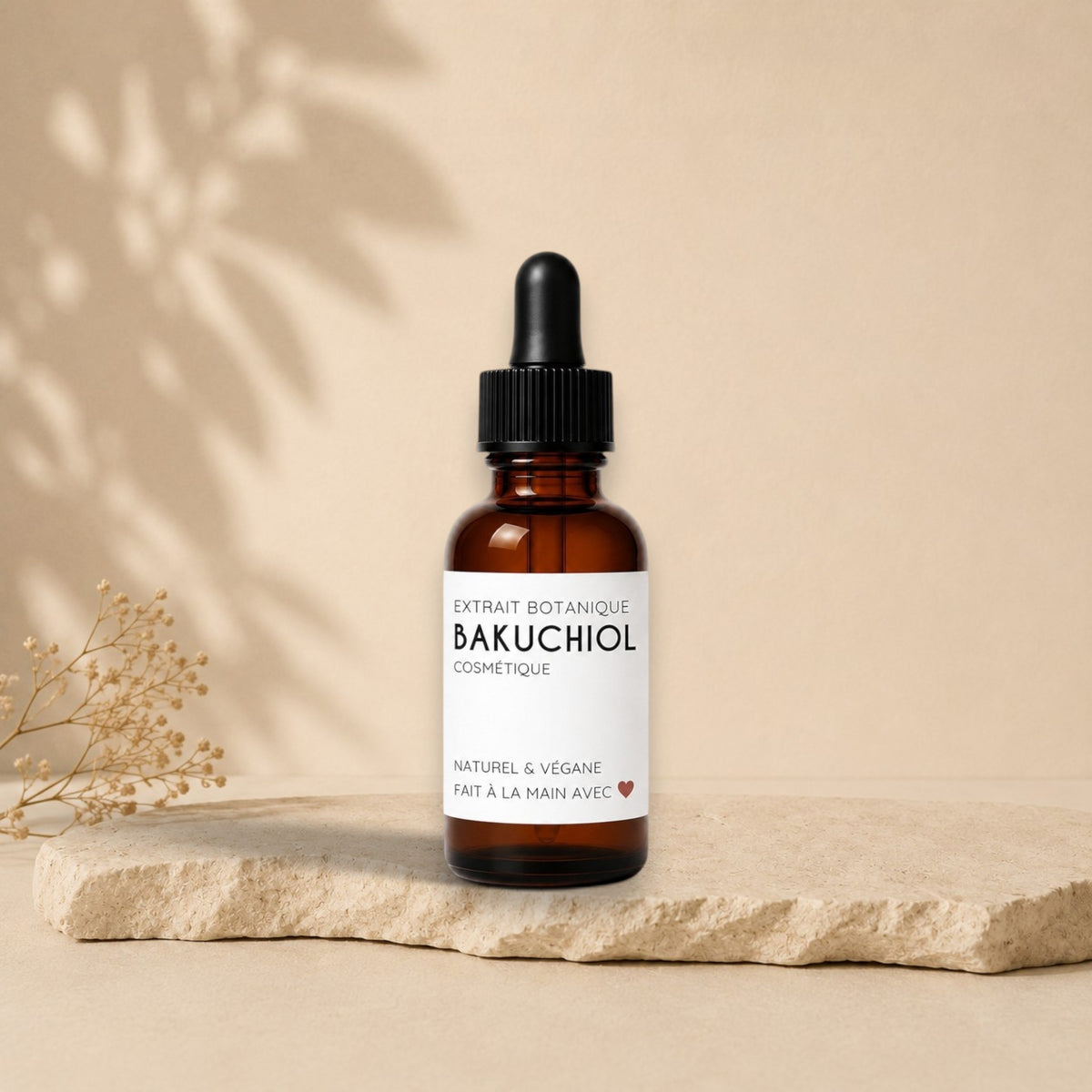 Flacon brun avec pipette d'extrait de bakuchiol ORÉRA éco-luxe naturel fabriqué au Québec sans cruauté.