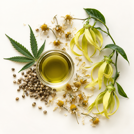 Petite bouteille transparente d’huile verte, entourée de fleurs de camomille, feuilles de chanvre et fleurs d’ylang-ylang.