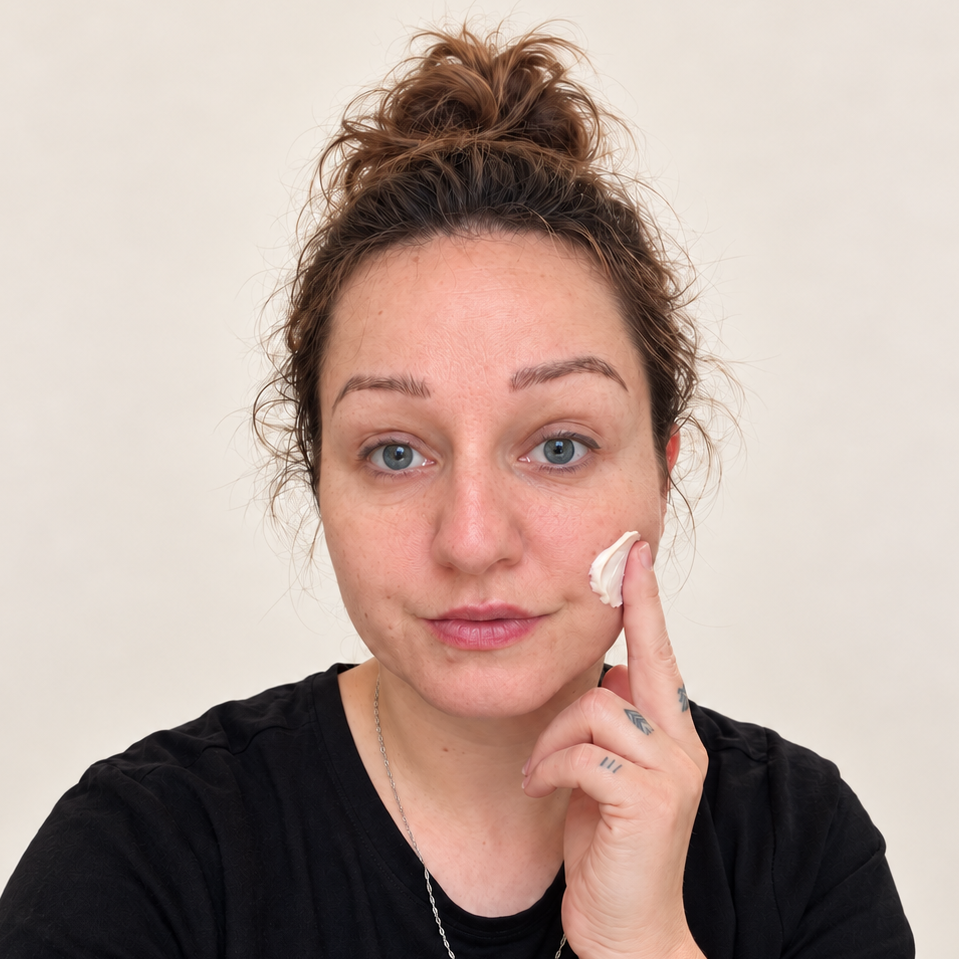 Femme appliquant une touche de crème blanche sur sa joue du bout du doigt.
