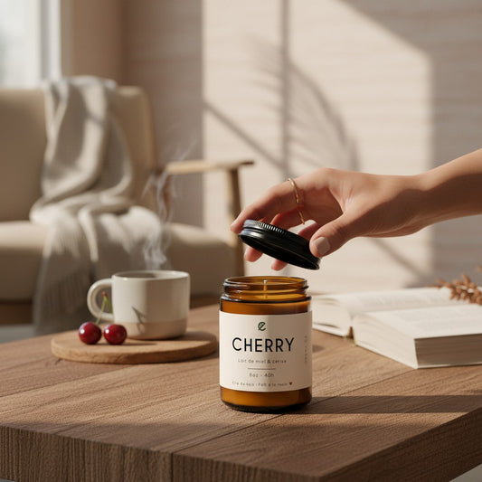 Bougie de soya ORÉRA parfum cerise et lait de miel, éco-luxe naturel, fabriquée au Québec, sans cruauté.