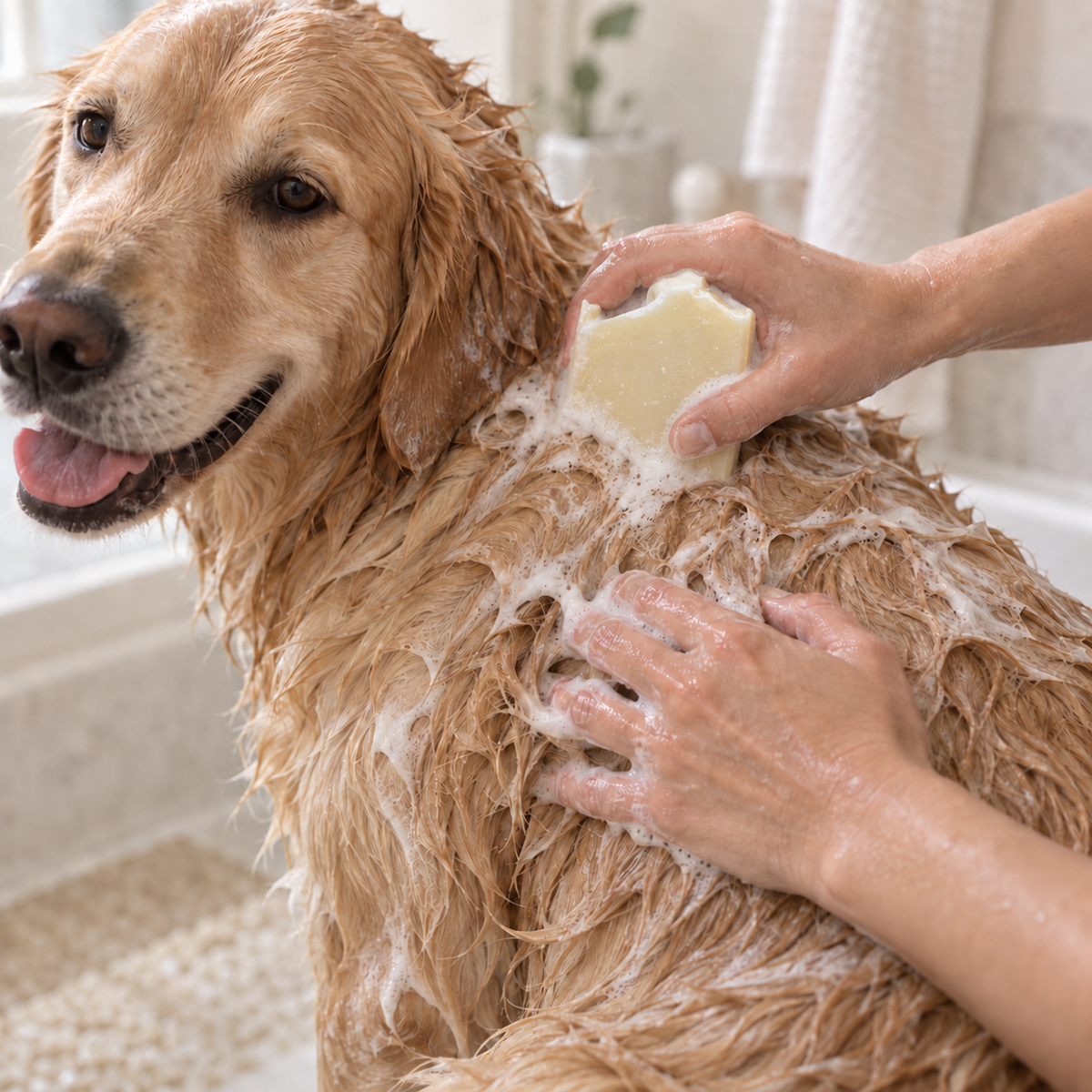 Chien doré mouillé avec savon mousseux appliqué sur le dos par une main humaine.