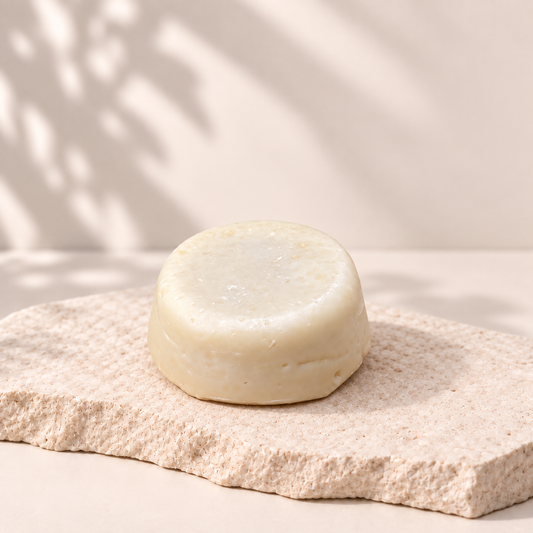 Crème à raser solide beige au fini lisse sur pierre texturée, design minimaliste écologique.