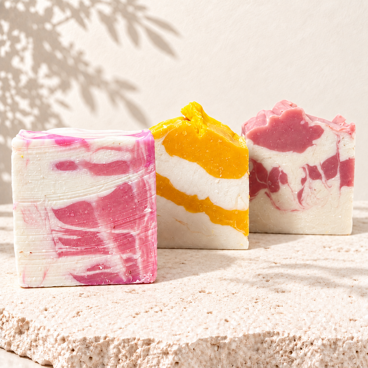 Trois savons artisanaux rectangulaires aux marbrures rose, jaune et rouge, sur fond clair texturé.