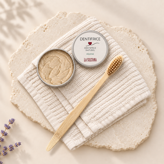 Brosse à dents en bambou naturel avec poils beige sur serviette blanche texturée.