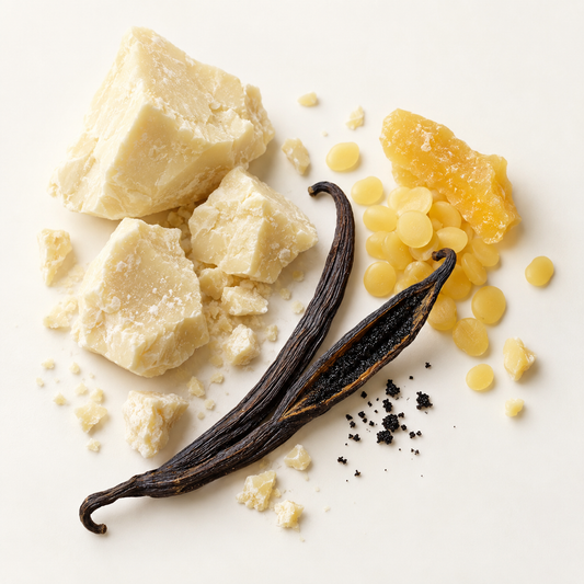 Chunks de beurre de cacao beige, gousses de vanille ouvertes et résine jaune doré sur fond clair.