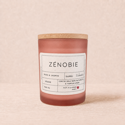Bougie ORÉRA musc et jasmin 7oz, verre mat rose, éco-luxe naturel fabriqué au Québec sans cruauté.