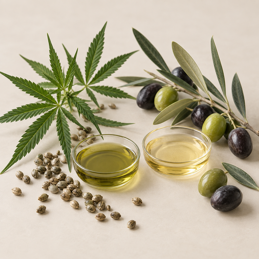 Deux petits bols en verre contenant des huiles dorées, feuilles de chanvre vert clair, olives vertes et noires, et branches.