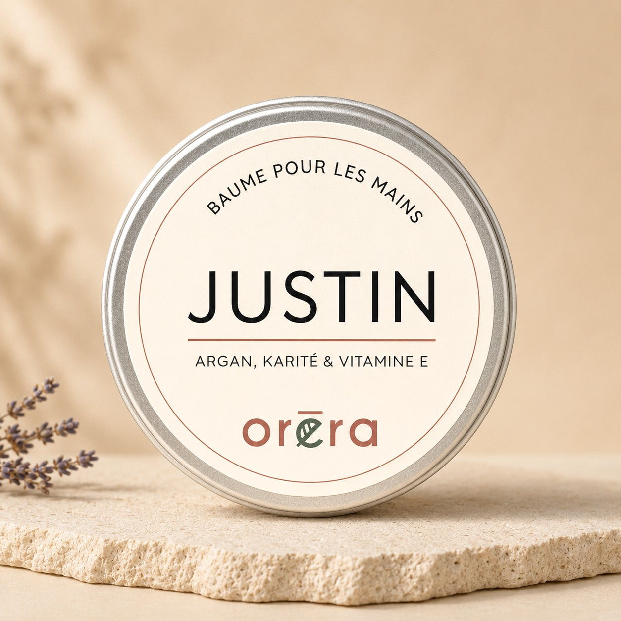 Baume pour les mains ORÉRA Justin au karité, argan et bergamote, soin naturel fabriqué au Québec sans cruauté.