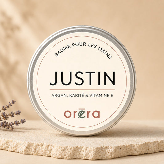 Baume pour les mains ORÉRA Justin au karité, argan et bergamote, soin naturel fabriqué au Québec sans cruauté.