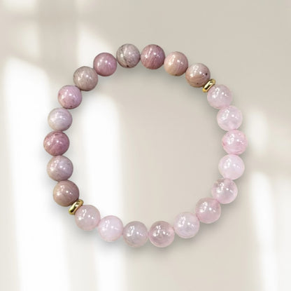 Bracelet mala en pierres rose marbré, oréra, éco-luxe naturel, fabriqué au Québec, sans cruauté.
