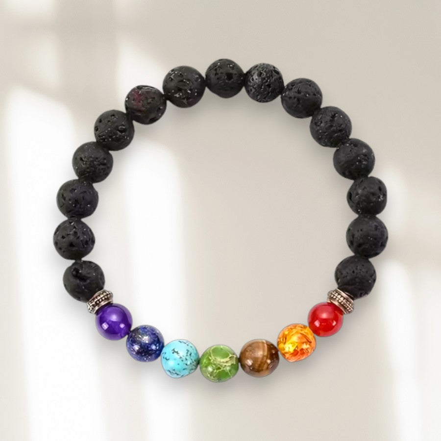 Bracelet mala ORÉRA éco-luxe naturel perles pierres de lave multi-chakras fabriqué au Québec sans cruauté.