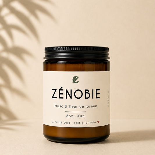 Bougie de soya ZÉNOBIE musc et jasmin, verre ambré, étiquette crème, éco-luxe naturel ORÉRA, fabriqué au Québec, sans cruauté.