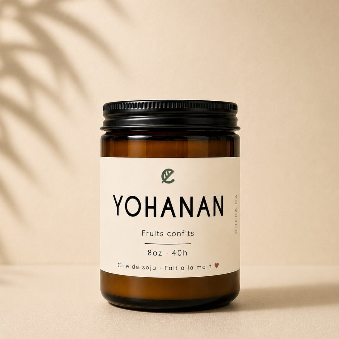 Bougie de soya ORÉRA fruits confits en pot verre ambré, éco-luxe naturel, fabriqué au Québec, sans cruauté, soins naturels,.