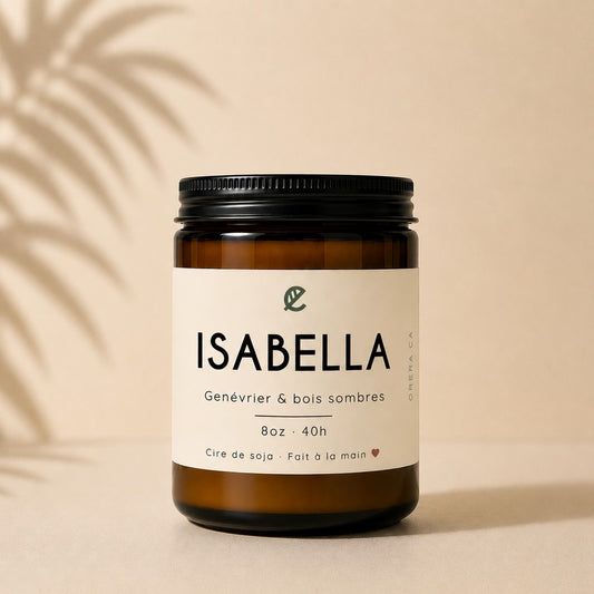 Bougie de soya ISABELLA genévrier et bois sombres, verre ambré, bouchon noir, ORÉRA, éco-luxe naturel, produits artisanaux.