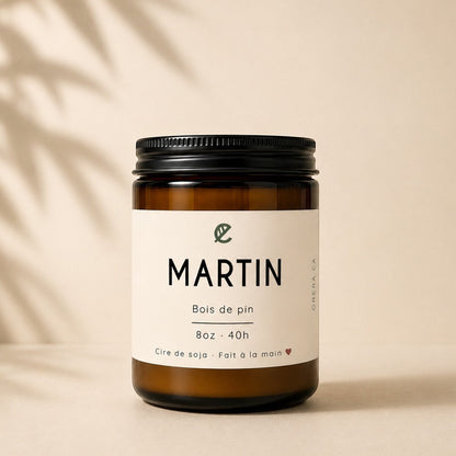 Bougie de soya MARTIN bois de pin en verre ambré, ORÉRA éco-luxe naturel fabriqué au Québec, sans cruauté.