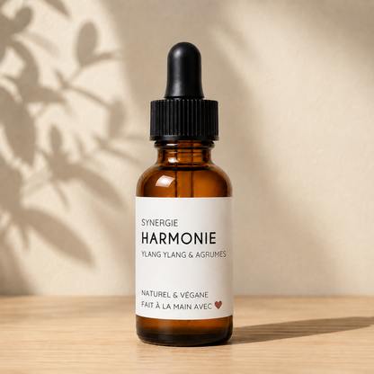 Flacon en verre brun 15 ml ORÉRA Synergie Harmonie éco-luxe naturel Québec sans cruauté.