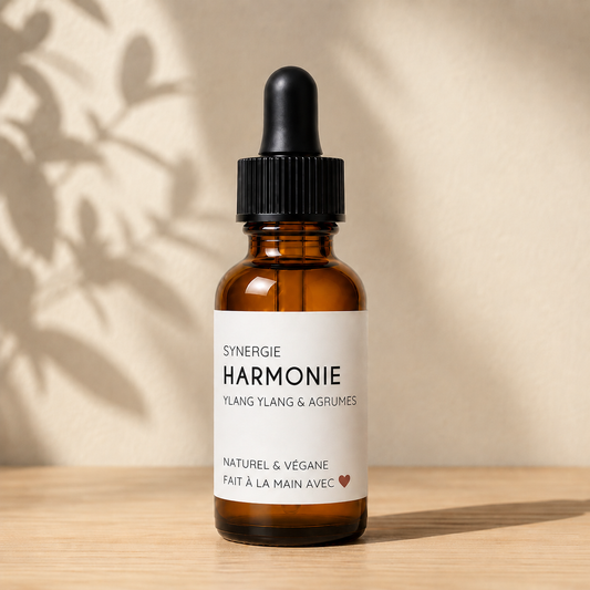 Flacon en verre brun 15 ml ORÉRA Synergie Harmonie éco-luxe naturel Québec sans cruauté.