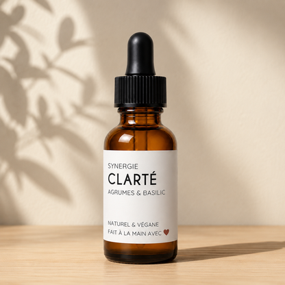 Flacon en verre ambré 15 ml Synergie Clarté, ORÉRA, éco-luxe naturel québécois, soins naturels, sans cruauté.