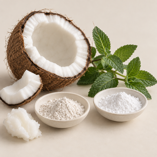 Noix de coco ouverte, feuilles de menthe fraîche et poudres naturelles blanches dans bols en céramique.
