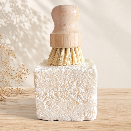 Bloc de cake à vaisselle naturel blanc texturé avec brosse à poils rigides et manche en bois clair.